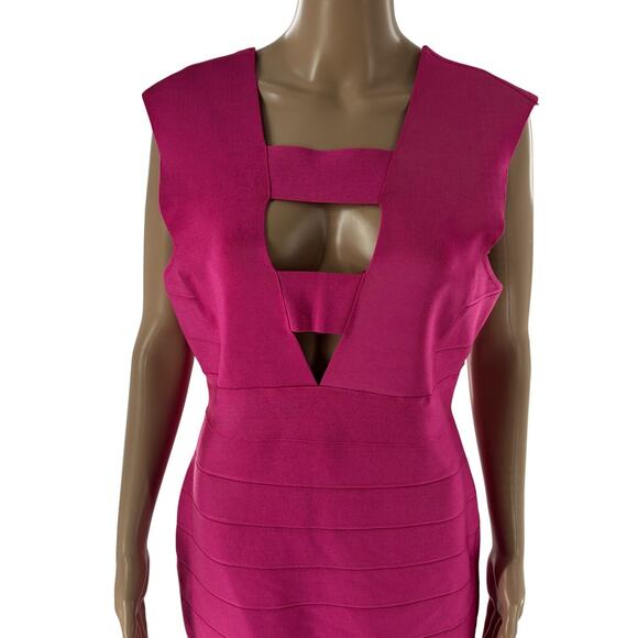 Herve Ledger Hot Pink Deep V Strappy Icon Cutout Bandage Mini Dress - Picture 5 of 12